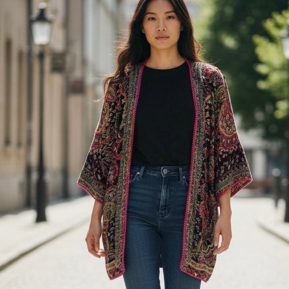 Time For Me bohemian-style woven open kimono Yarn detailing  size s/m